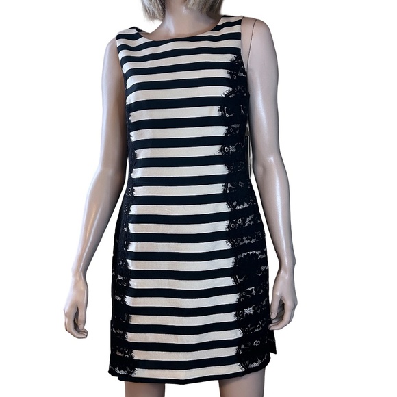 Eliza J Dress Rayon Blend Sheath Lace Lacy Stripes Scuba Sleeveless - Picture 2 of 15